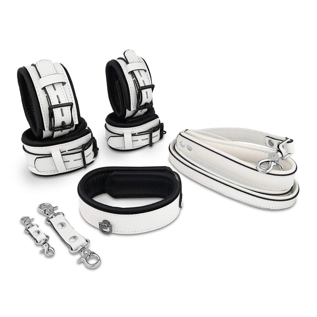 6-Piece Deluxe Padded Leather Bondage Set - White/Black